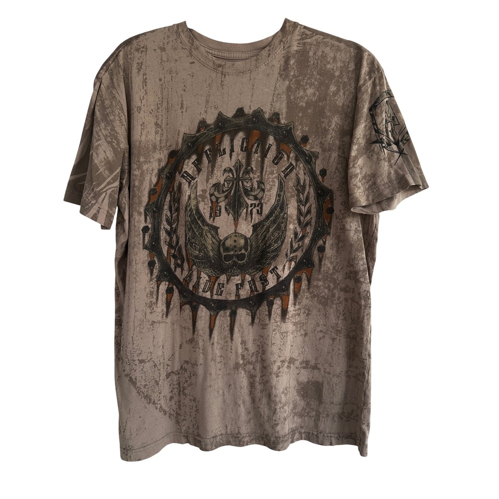 Affliction Y2K Grunge Brown Acid Wash Skull Graphic T-Shirt Men Medium